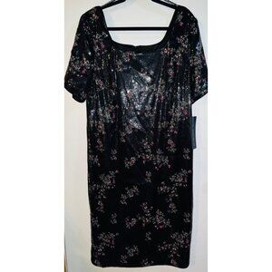 Rachael Roy Sequined Black Floral Dress W/Square Neck & Short Sleeves Size 16W